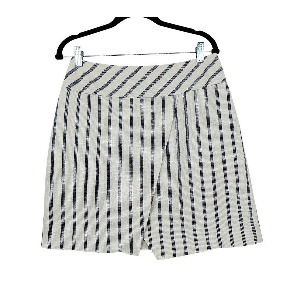 J. Crew 100% Linen Mini Skirt 4 Womens Cream Blue Striped Wrap Front Resortwear
